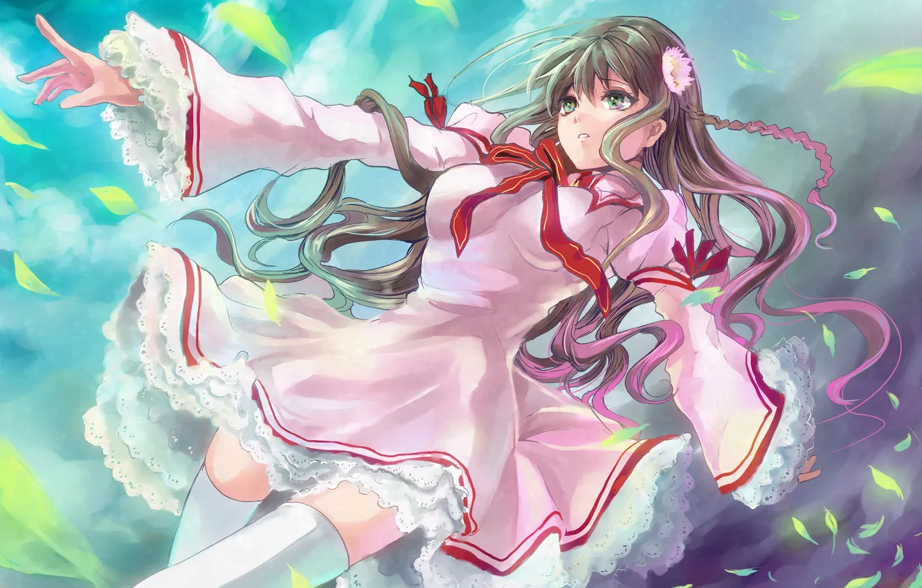 Photo wallpaper girl, flowers, hair, stockings, petals, dress