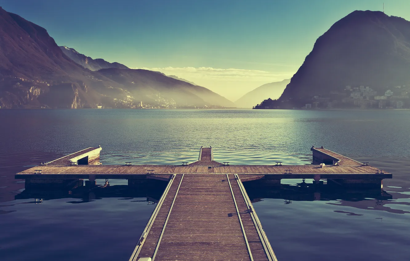 Photo wallpaper the sky, landscape, mountains, nature, river, pier, horizon, pierce