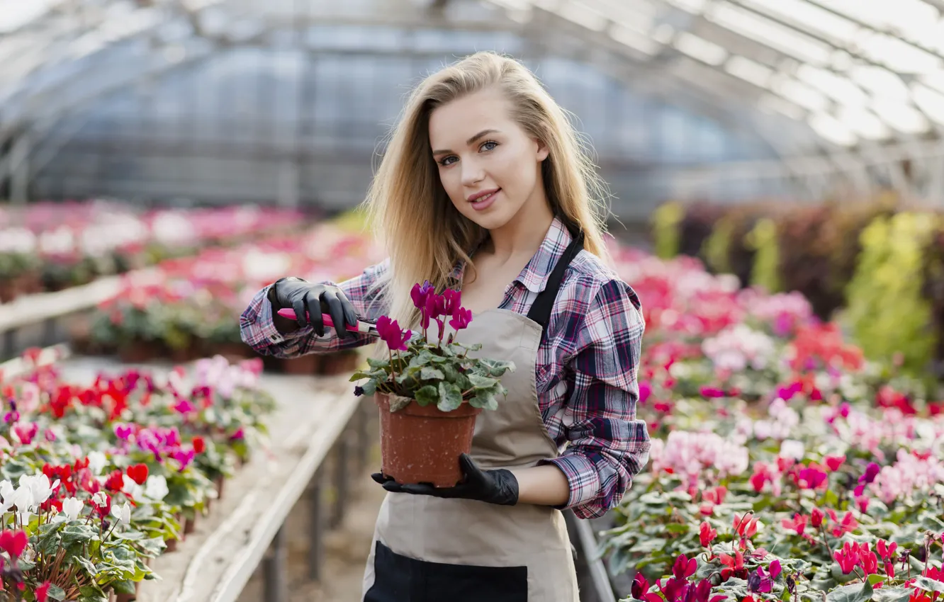 Photo wallpaper girl, flowers, greenhouse