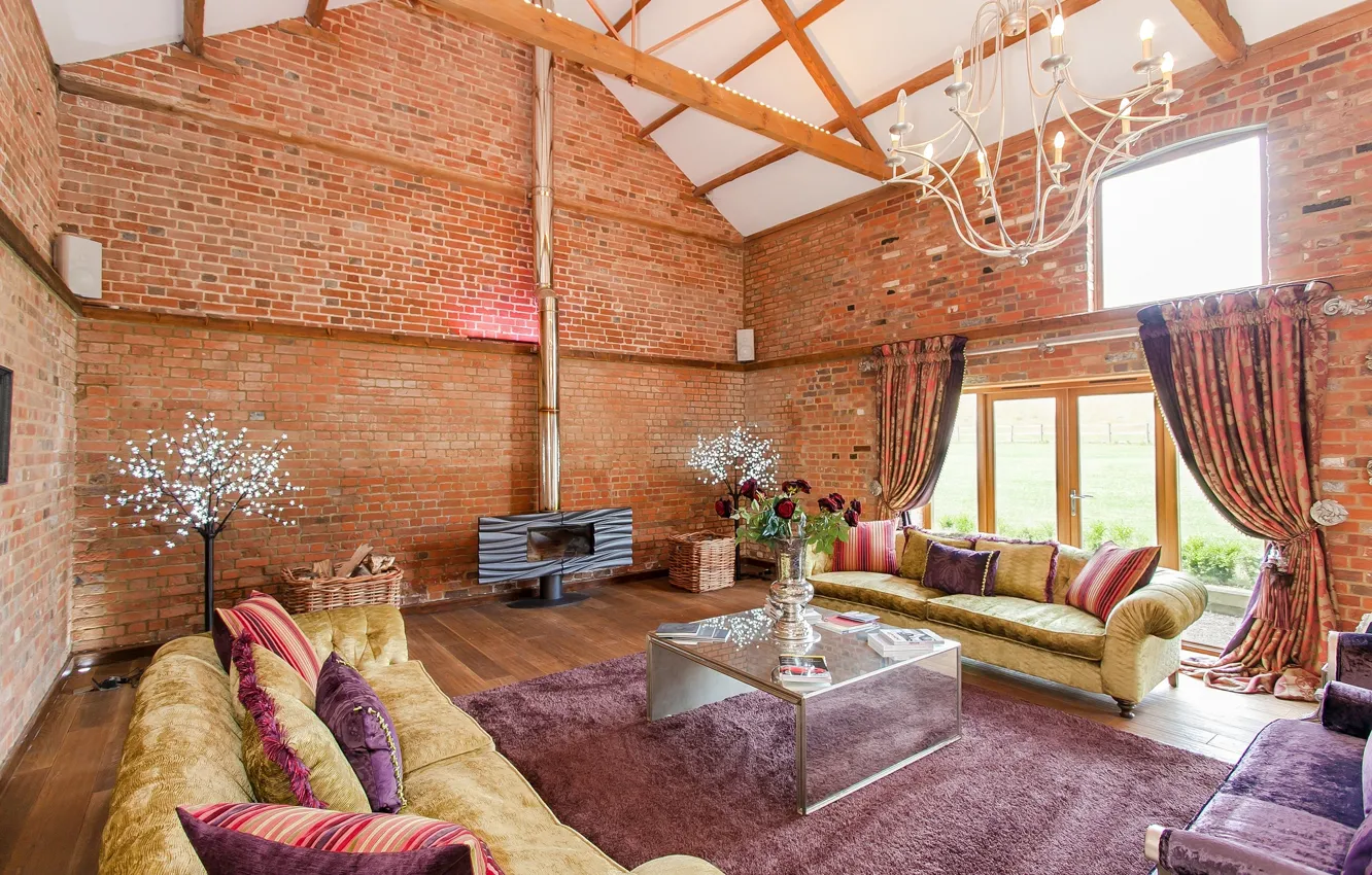 Photo wallpaper flowers, design, sofa, carpet, lamp, home, brick, masonry