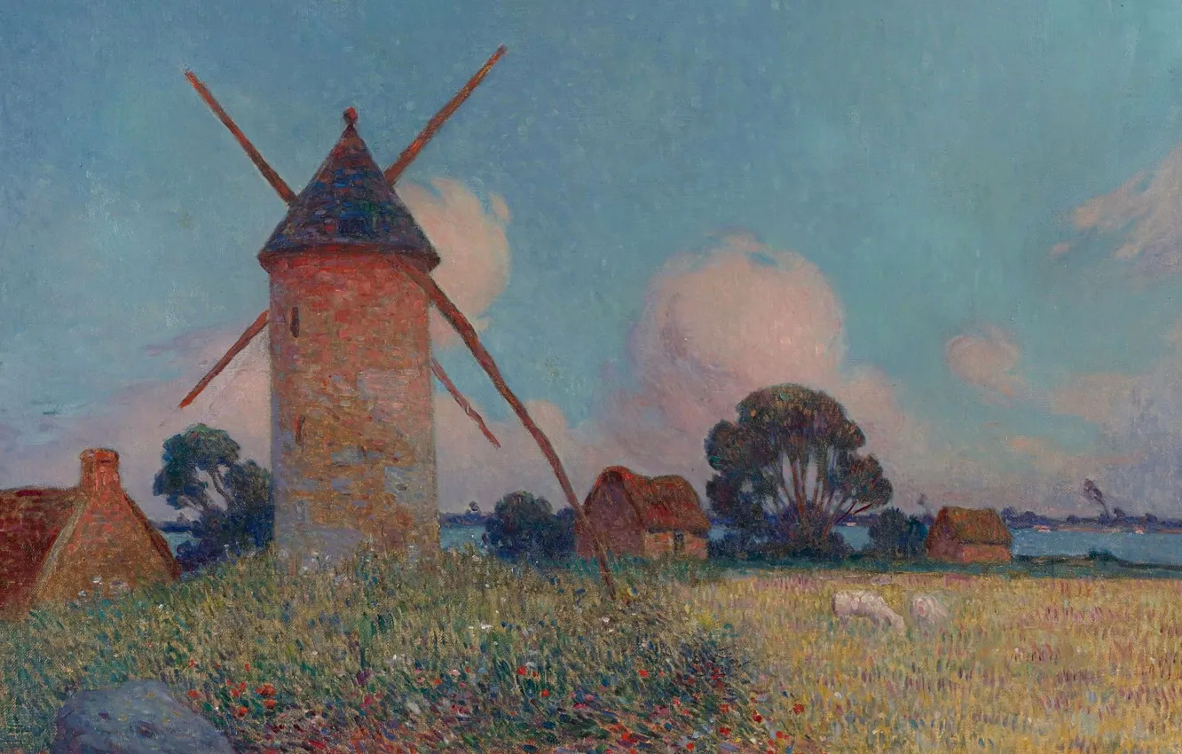 Photo wallpaper grass, clouds, flowers, picture, Ferdinand du Puigaudeau, Ferdinand du Plegado, Landscape with a Windmill