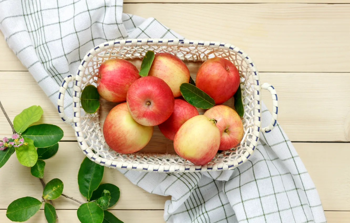 Photo wallpaper leaves, branches, basket, apples, fruit