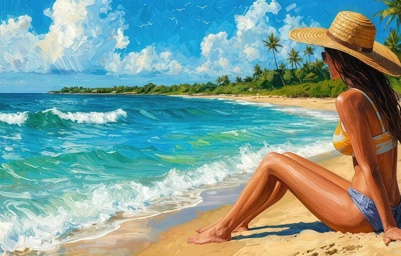 Photo wallpaper sea, beach, swimsuit, girl, pose, blue, palm trees, the ocean