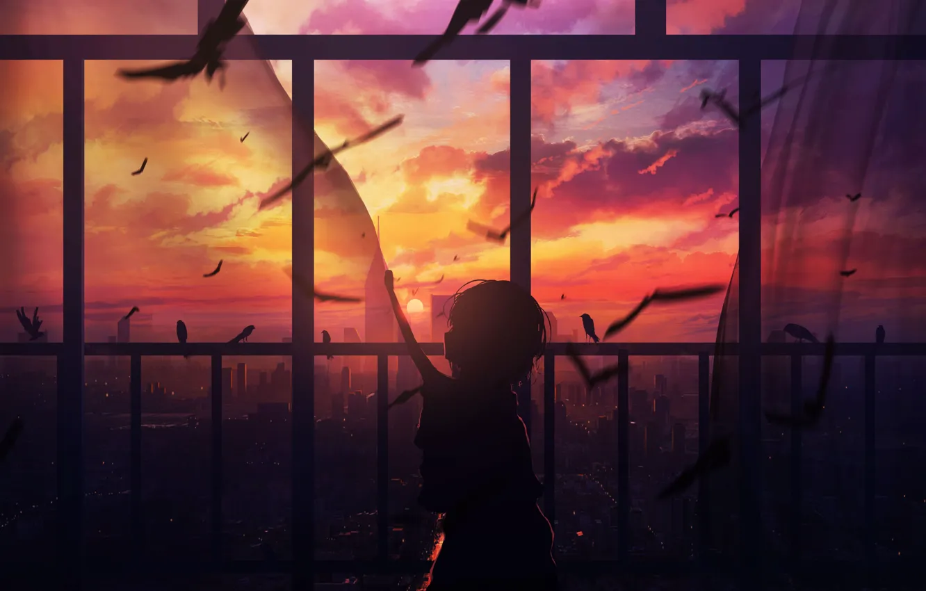 Photo wallpaper girl, sunset, birds, window