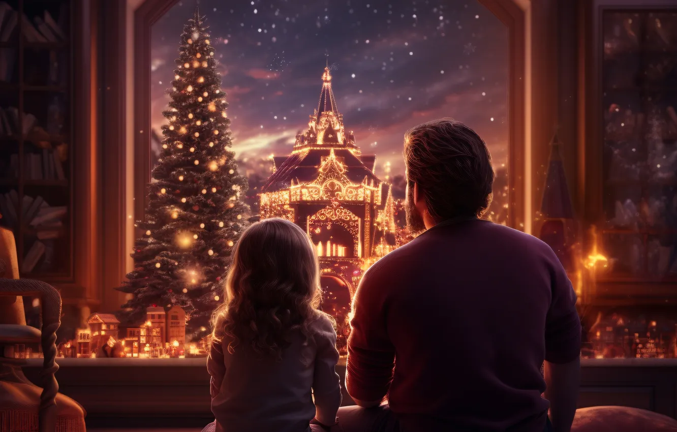 Photo wallpaper tree, new year, Christmas, girl, male, two, digital art, AI art