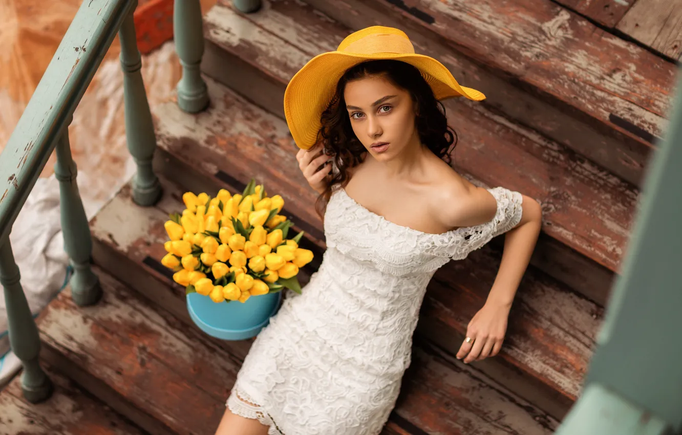 Photo wallpaper girl, hat, legs, yellow tulips, Natia Gachava