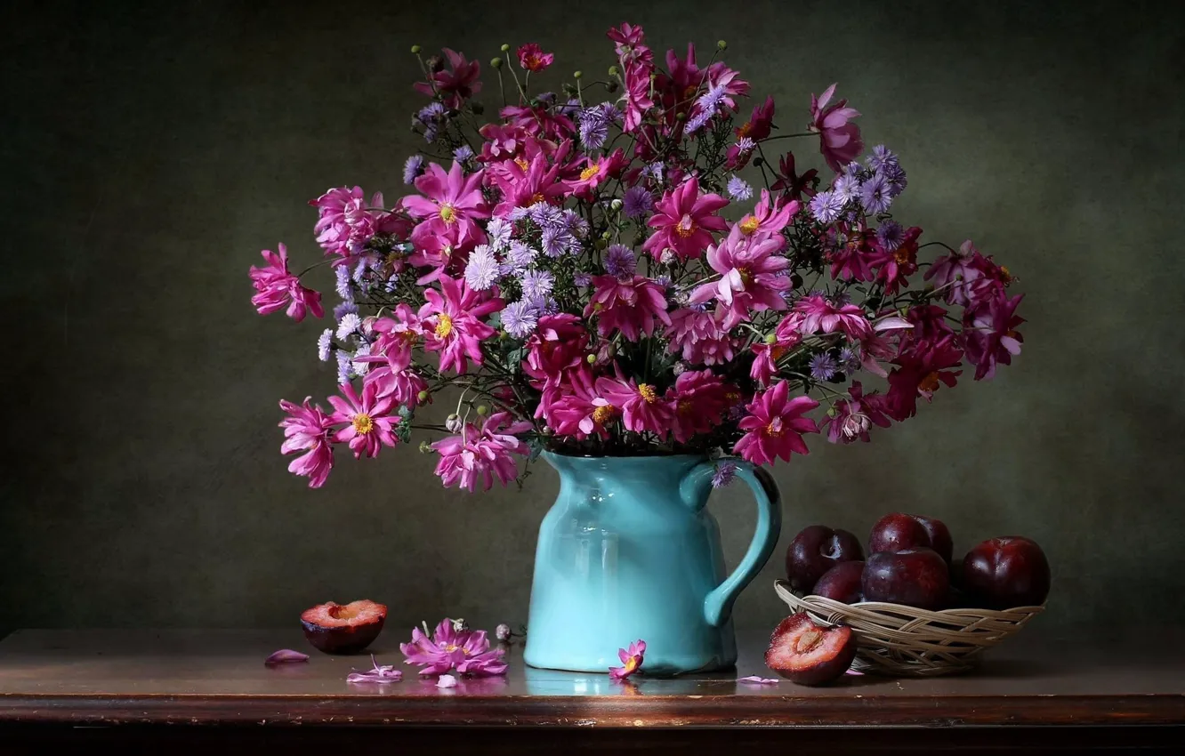 Photo wallpaper table, bouquet, pink, pitcher, fruit, still life, plum, network
