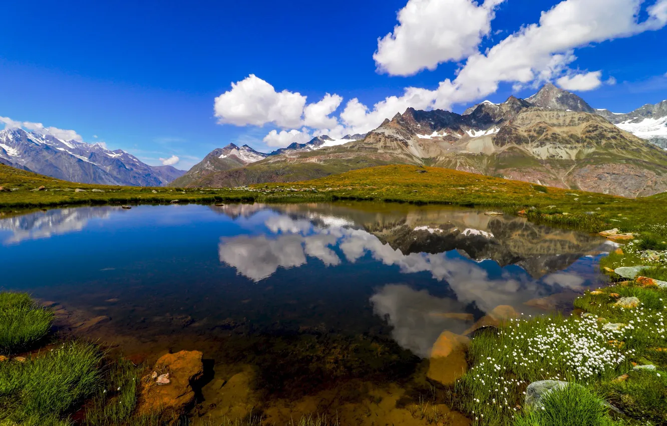 Photo wallpaper summer, the sky, clouds, landscape, flowers, mountains, lake, blue