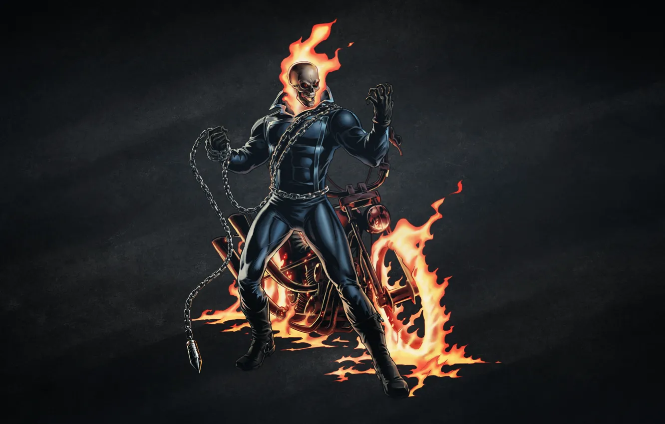Photo wallpaper the dark background, fire, skull, chain, skeleton, motorcycle, Ghost Rider, Ghost rider