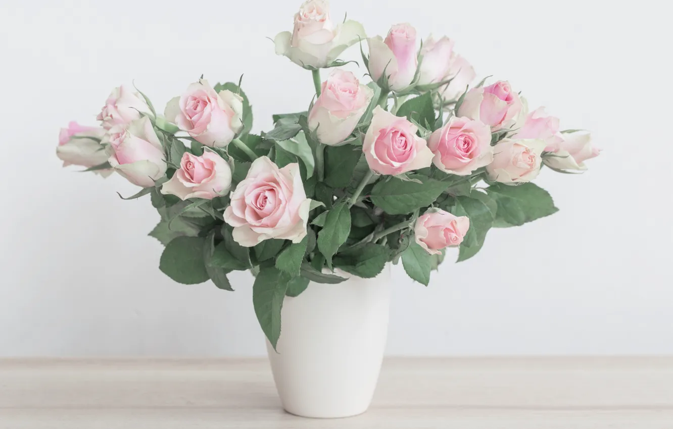 Photo wallpaper flowers, bouquet, vase, gentle, pink, beautiful, Maya Kruchenkova