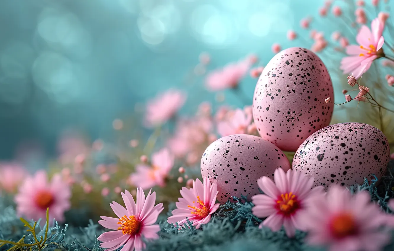 Photo wallpaper flowers, eggs, spring, colorful, Easter, pink, flowers, spring