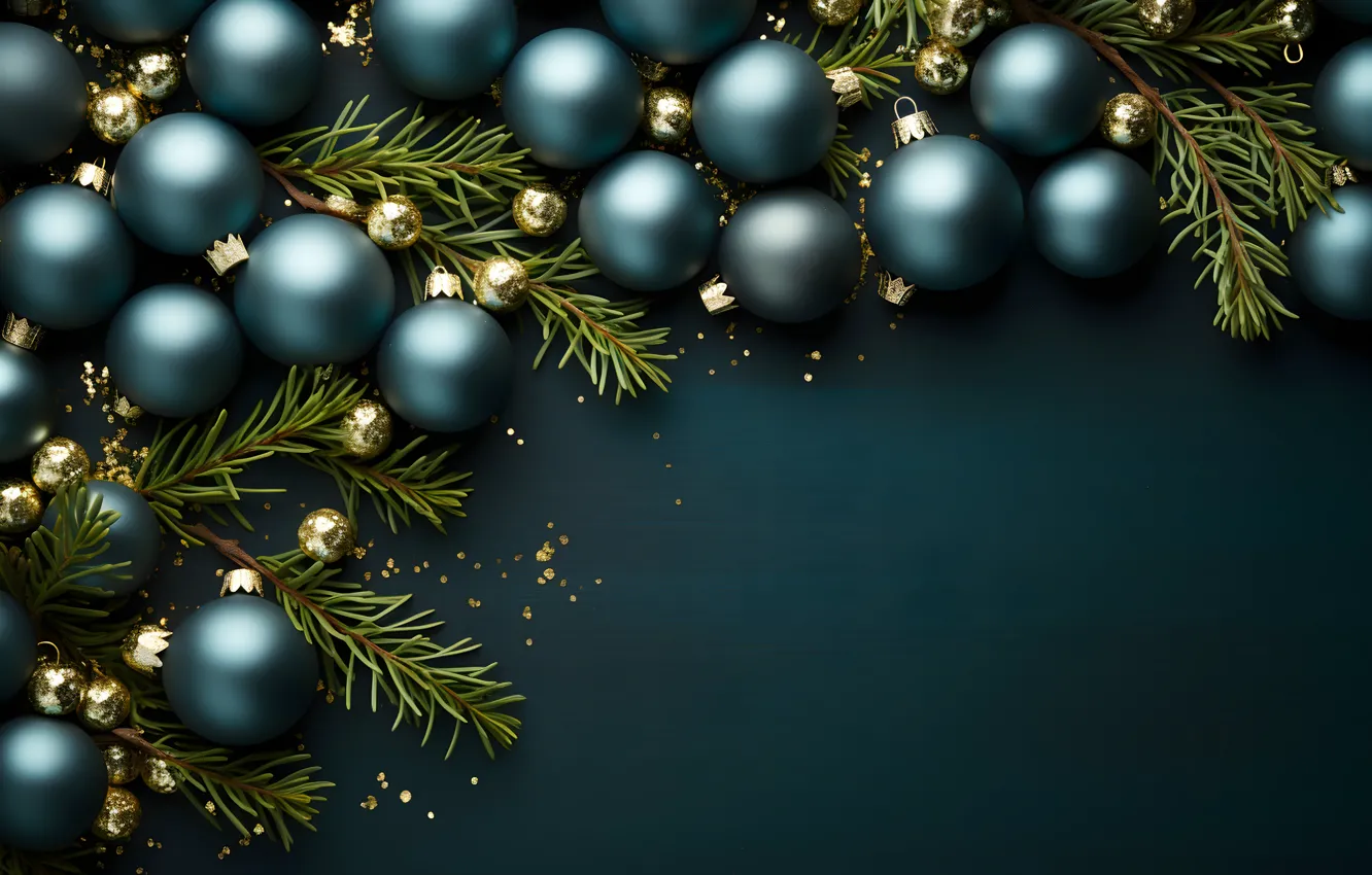 Photo wallpaper decoration, the dark background, gold, balls, new year, Christmas, golden, black