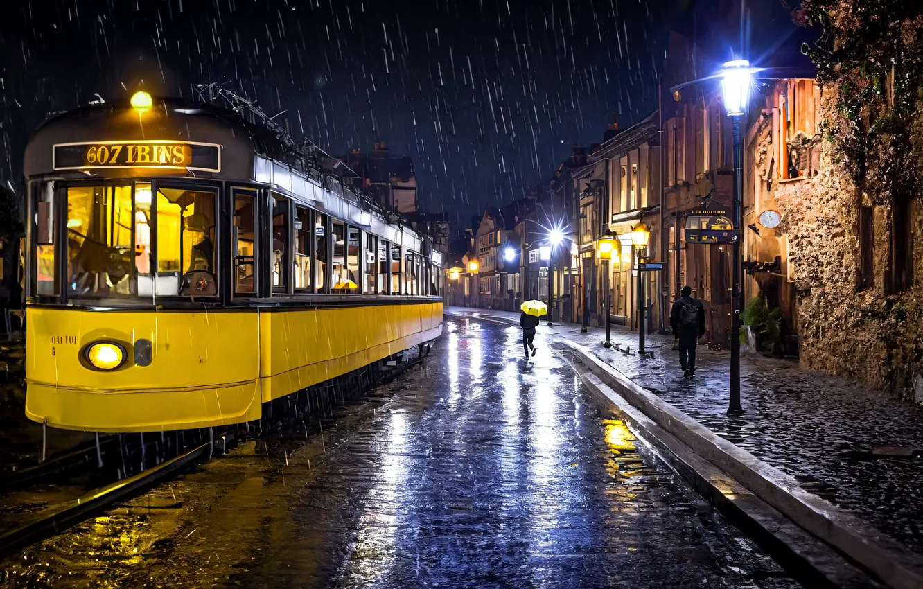Photo wallpaper rain, street, lights, tram