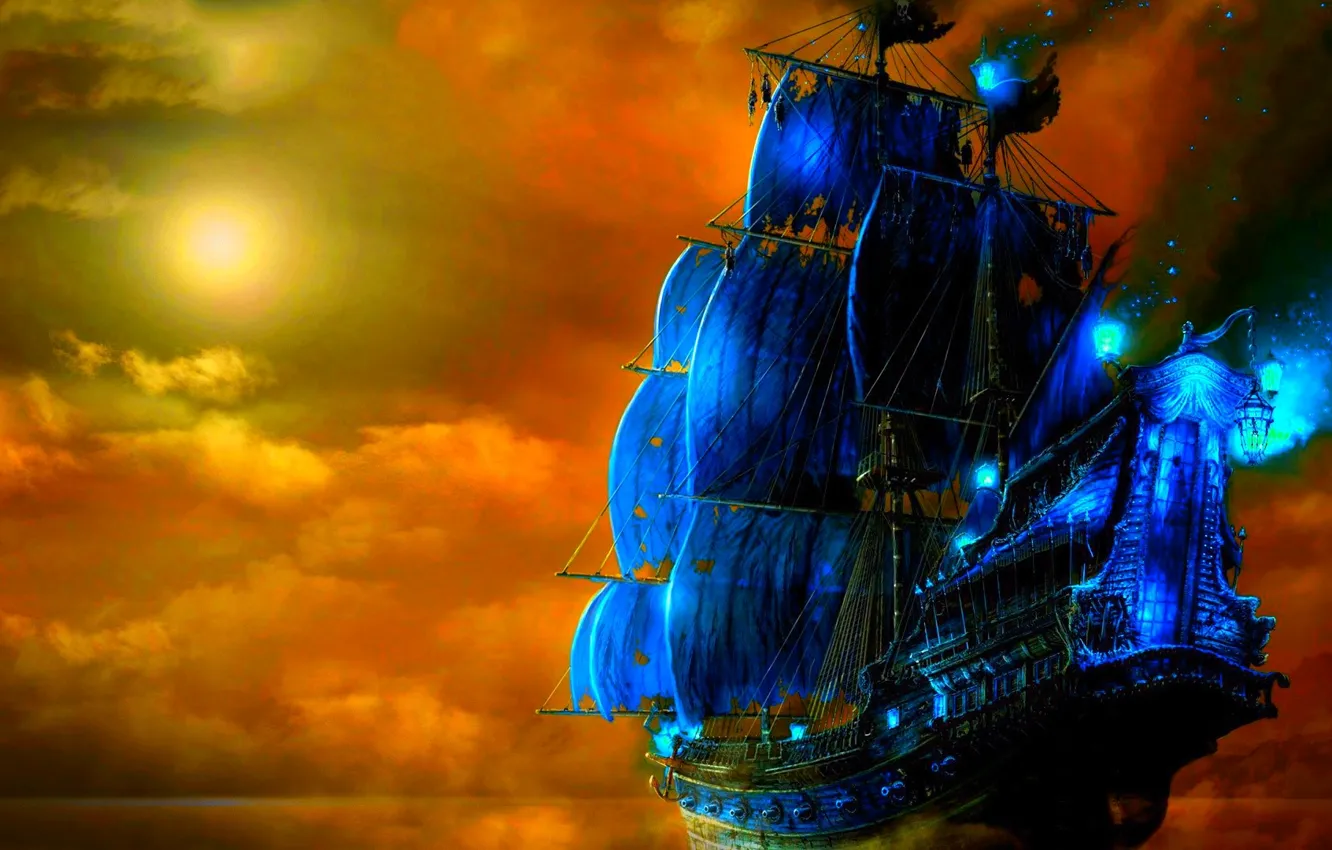 Photo wallpaper the sky, water, night, lights, the moon, ship