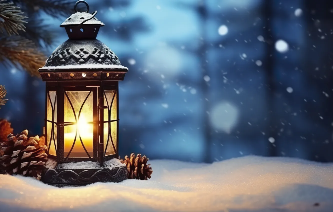Photo wallpaper winter, snow, night, Christmas, lantern, New year, Christmas, night