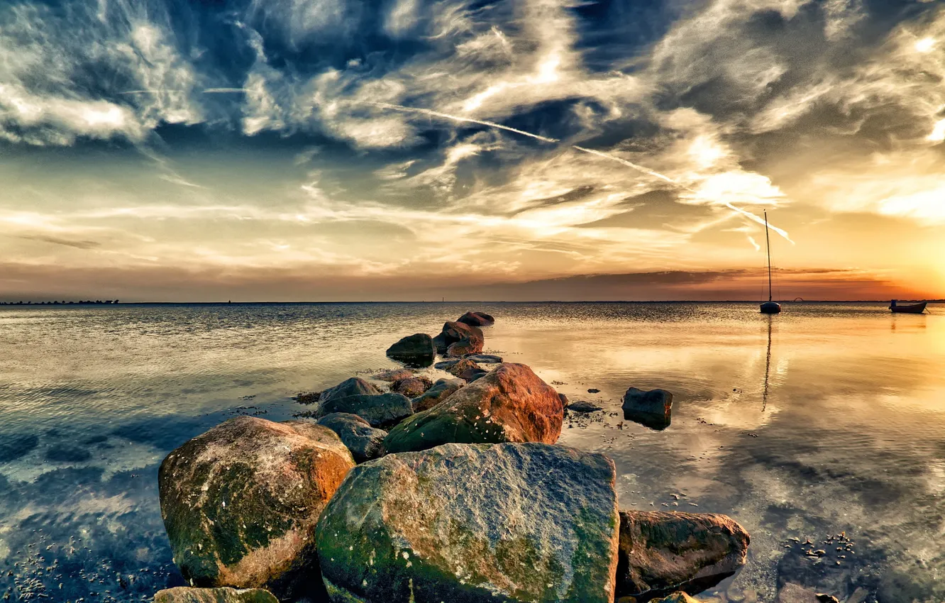 Photo wallpaper landscape, sunset, nature, lake, stones