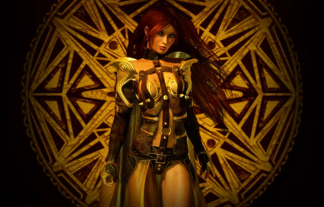 Photo wallpaper girl, pose, armor, symbol, strap, warrior