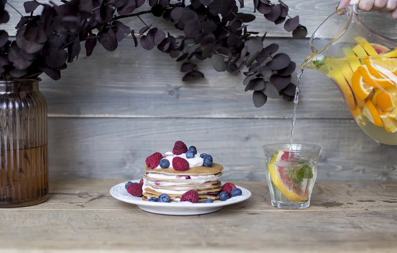 Photo wallpaper berries, raspberry, food, blueberries, pancakes, cream, cakes, lemonade