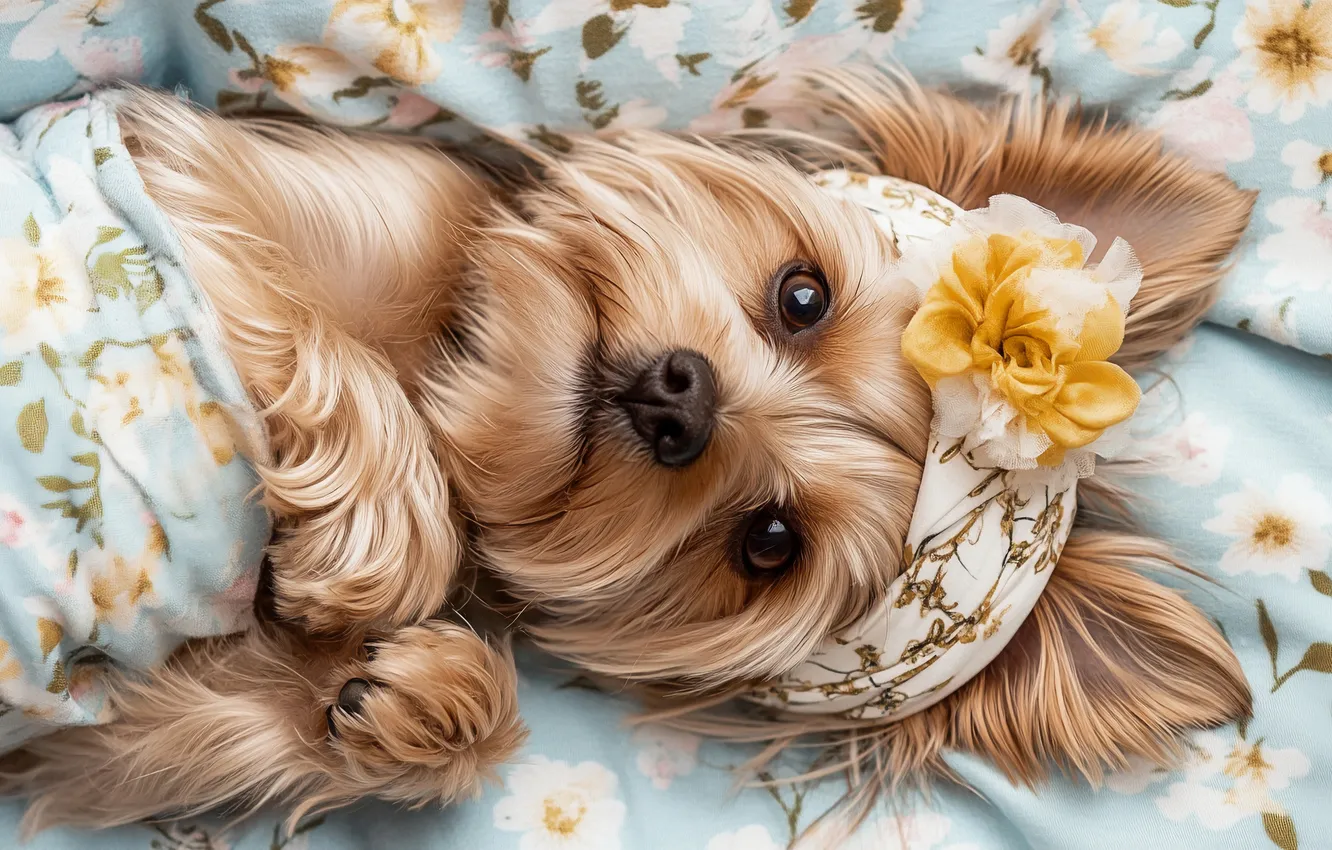 Photo wallpaper look, flowers, yellow, pose, legs, dog, blanket, bed