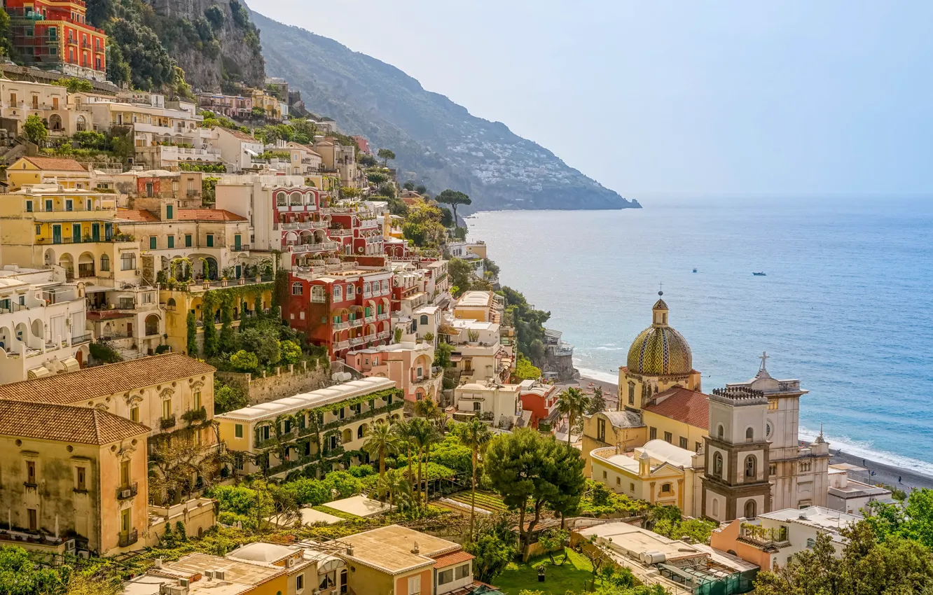 Photo wallpaper sea, the sky, mountains, coast, home, horizon, Italy, Sunny