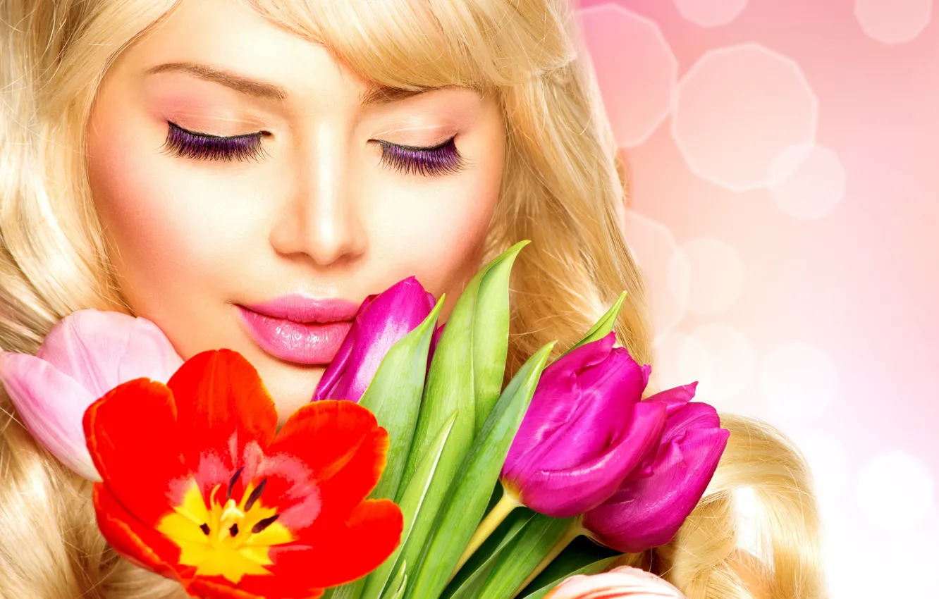 Photo wallpaper flowers, close-up, face, background, portrait, bouquet, makeup, hairstyle