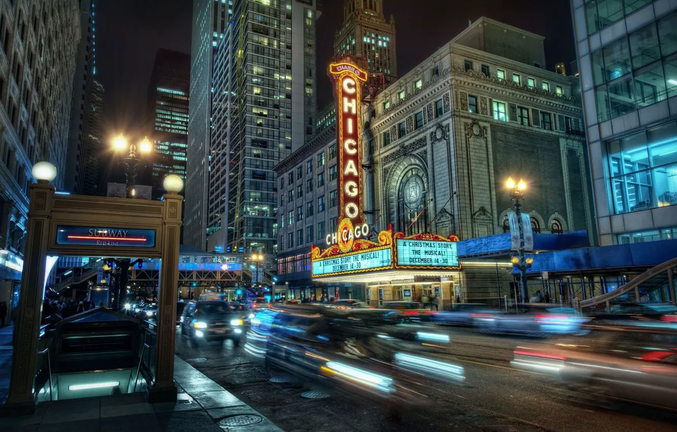 Photo wallpaper city, chicago, downtown, subway, night lights, posters