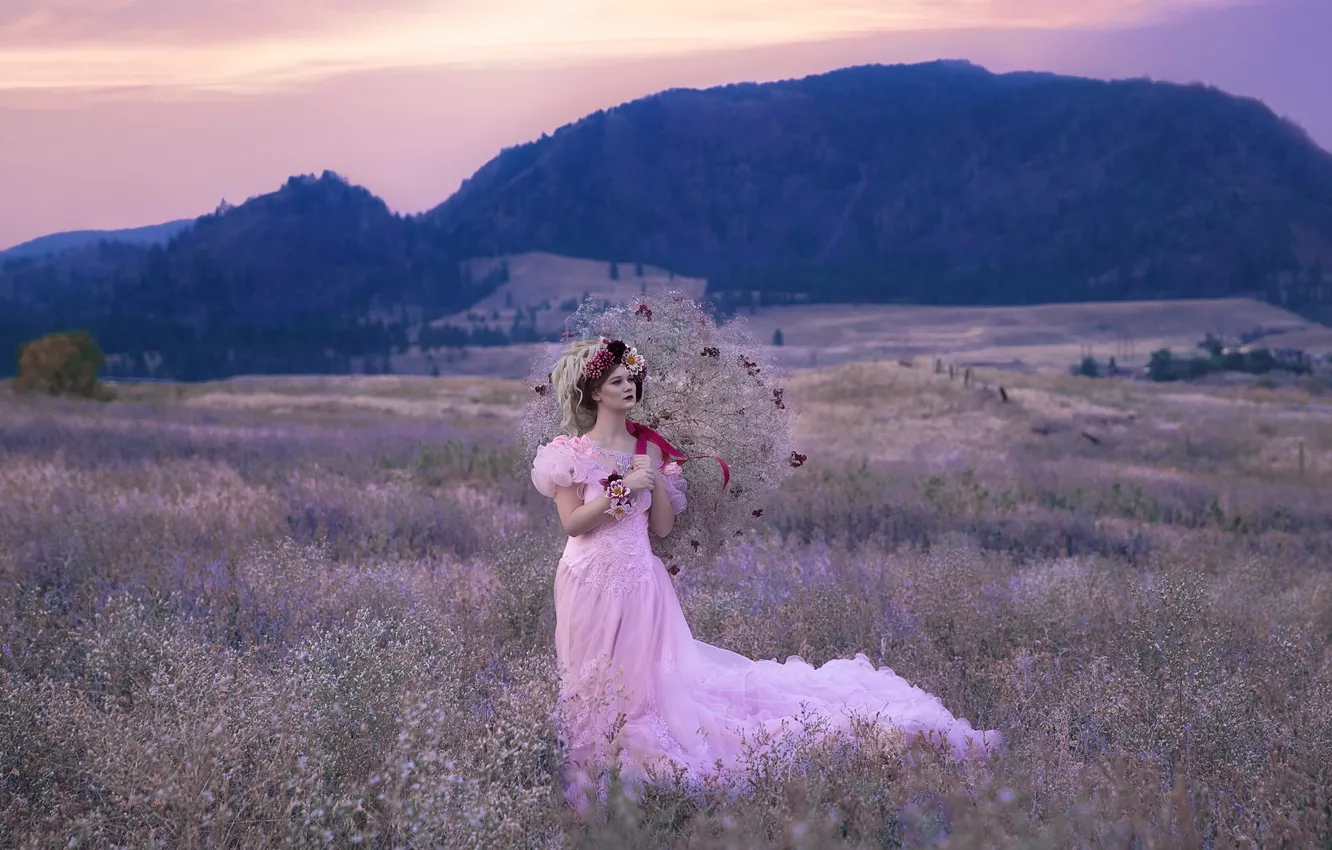 Photo wallpaper field, forest, girl, flowers, dress, fairy, fantasy, hairstyle