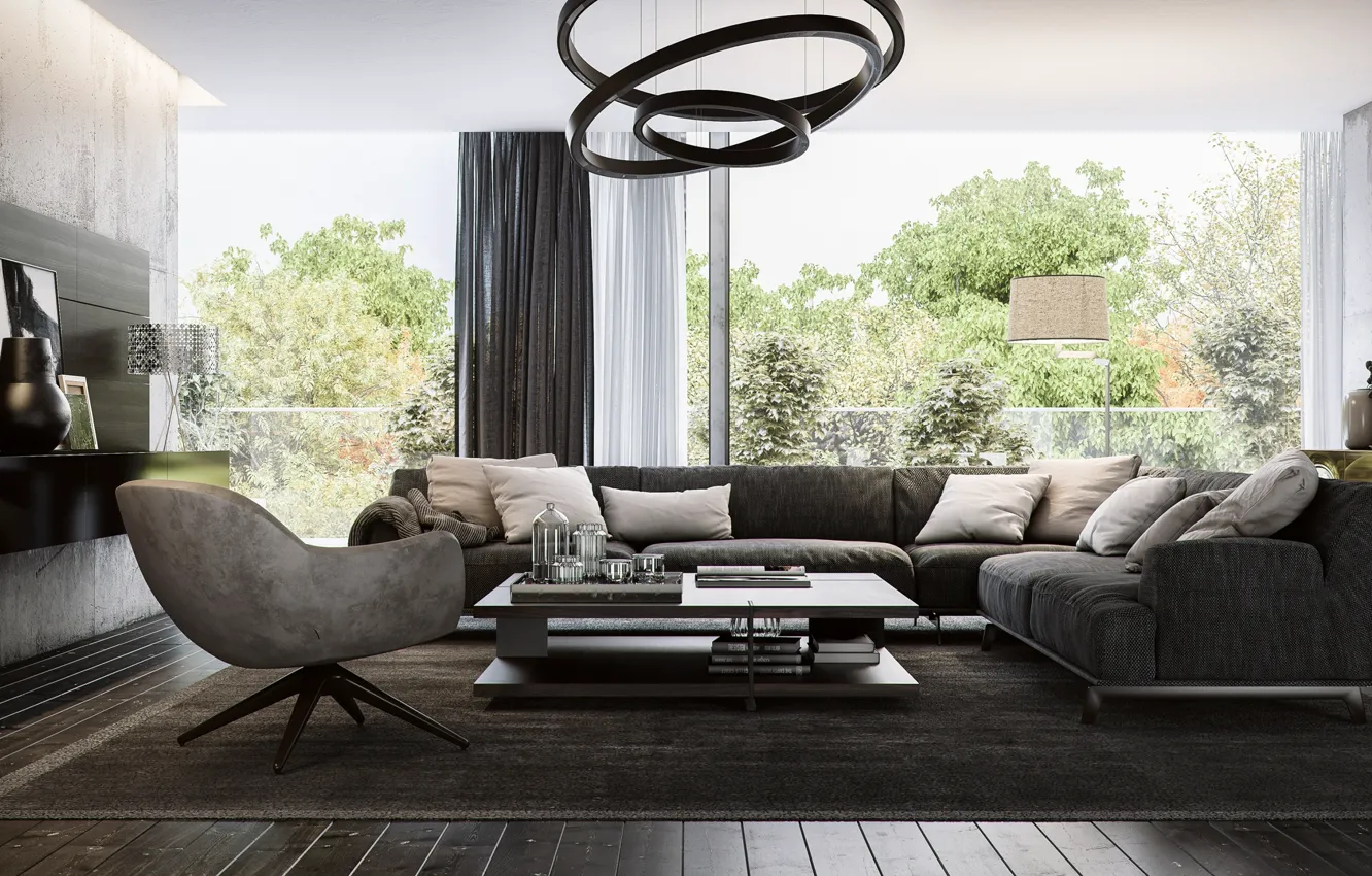 Photo wallpaper design, style, room, interior, living room, loft style, grey sofa, grey concrete walls