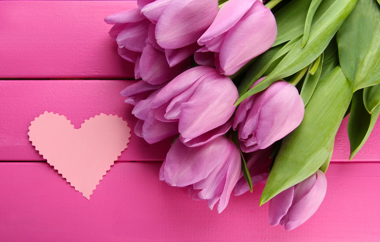 Photo wallpaper flowers, bouquet, tulips, pink, heart, wood, pink, flowers