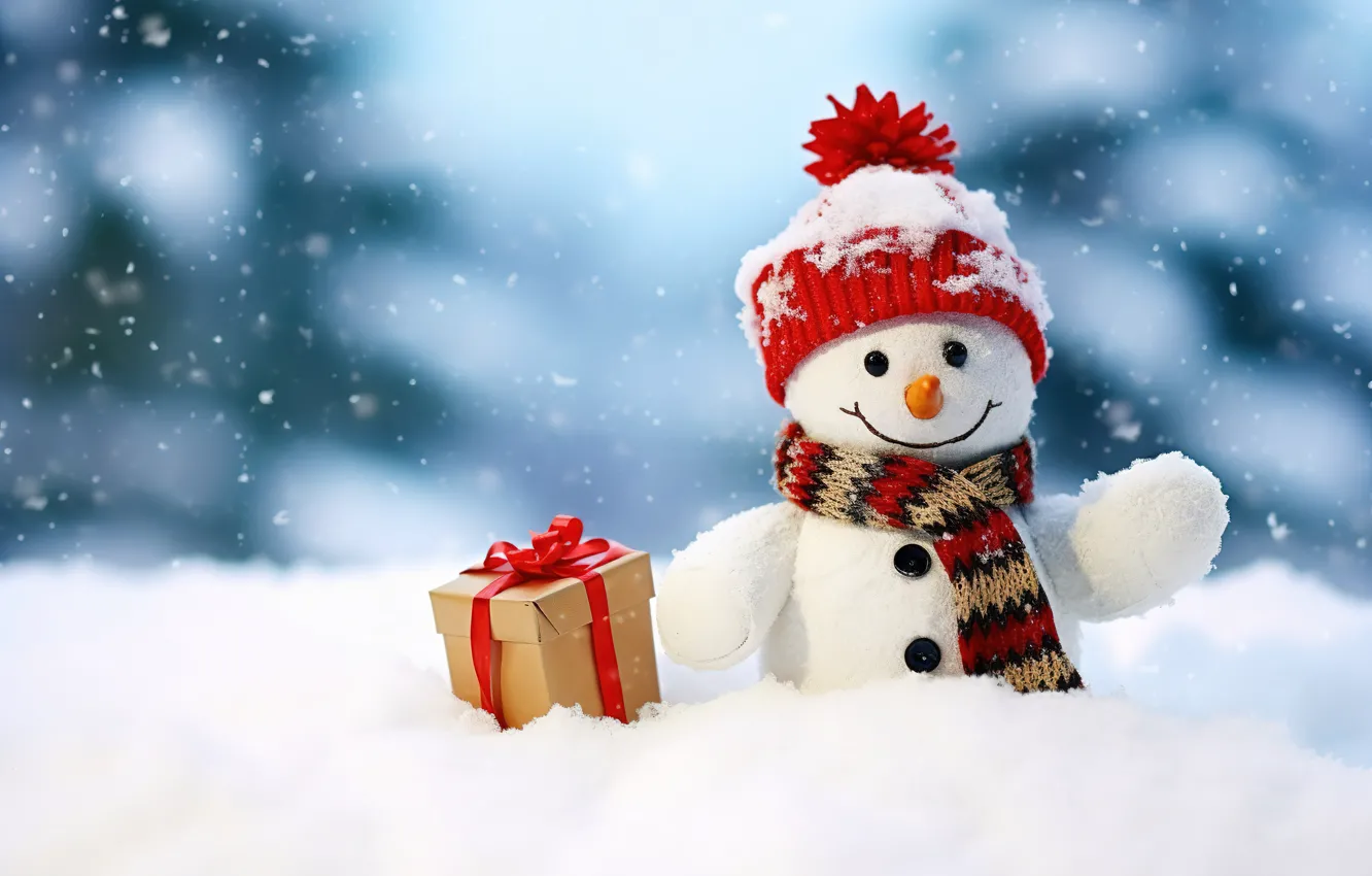 Photo wallpaper winter, snow, snowflakes, new year, Christmas, snowman, Christmas, winter