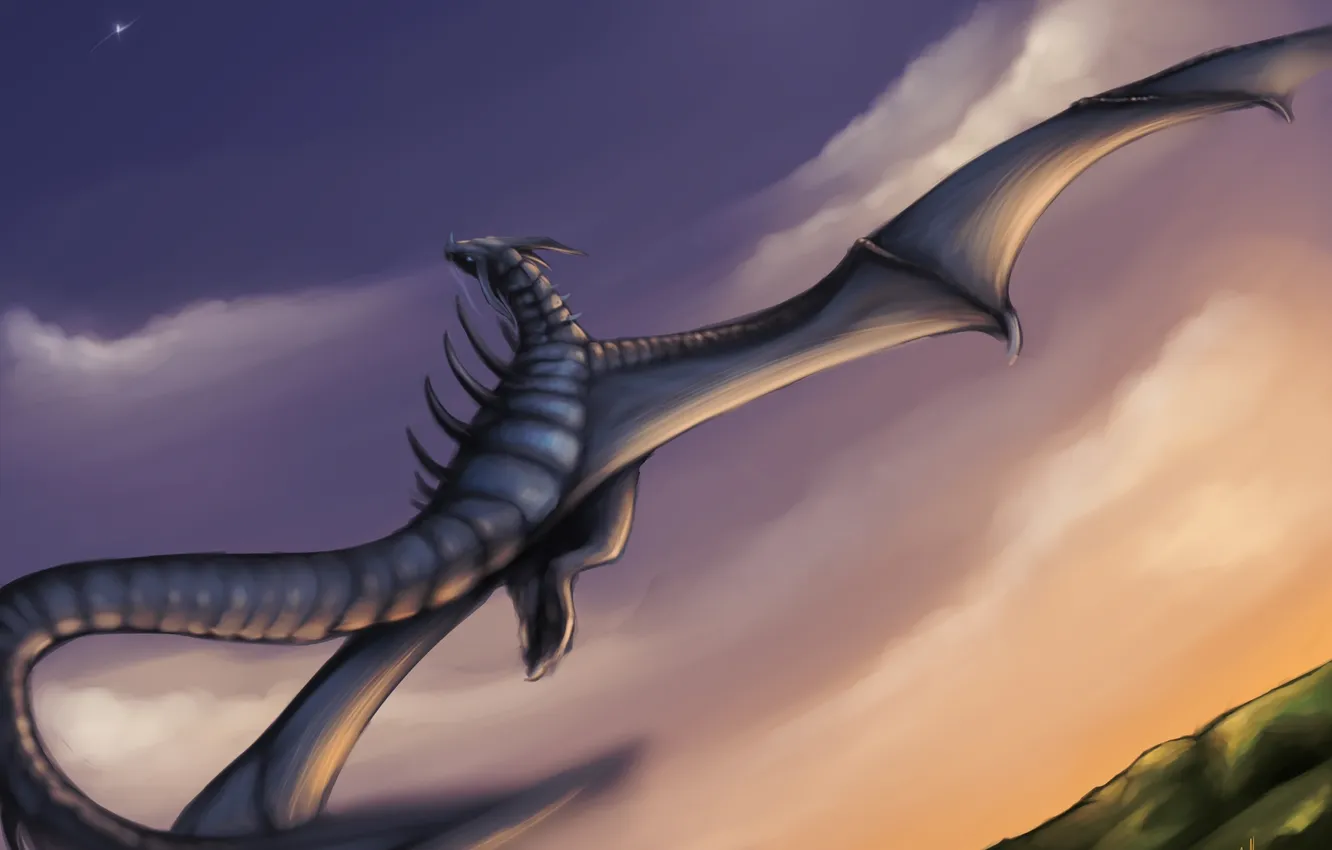 Photo wallpaper the sky, clouds, flight, dragon, star, wings, art