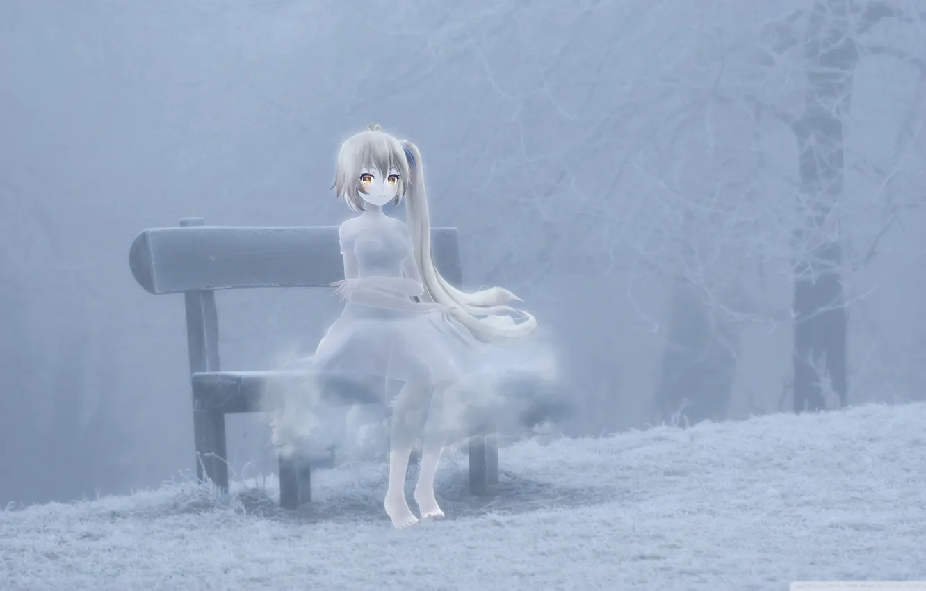Photo wallpaper cold, winter, bench, art, shop, girl, vocaloid, Vocaloid