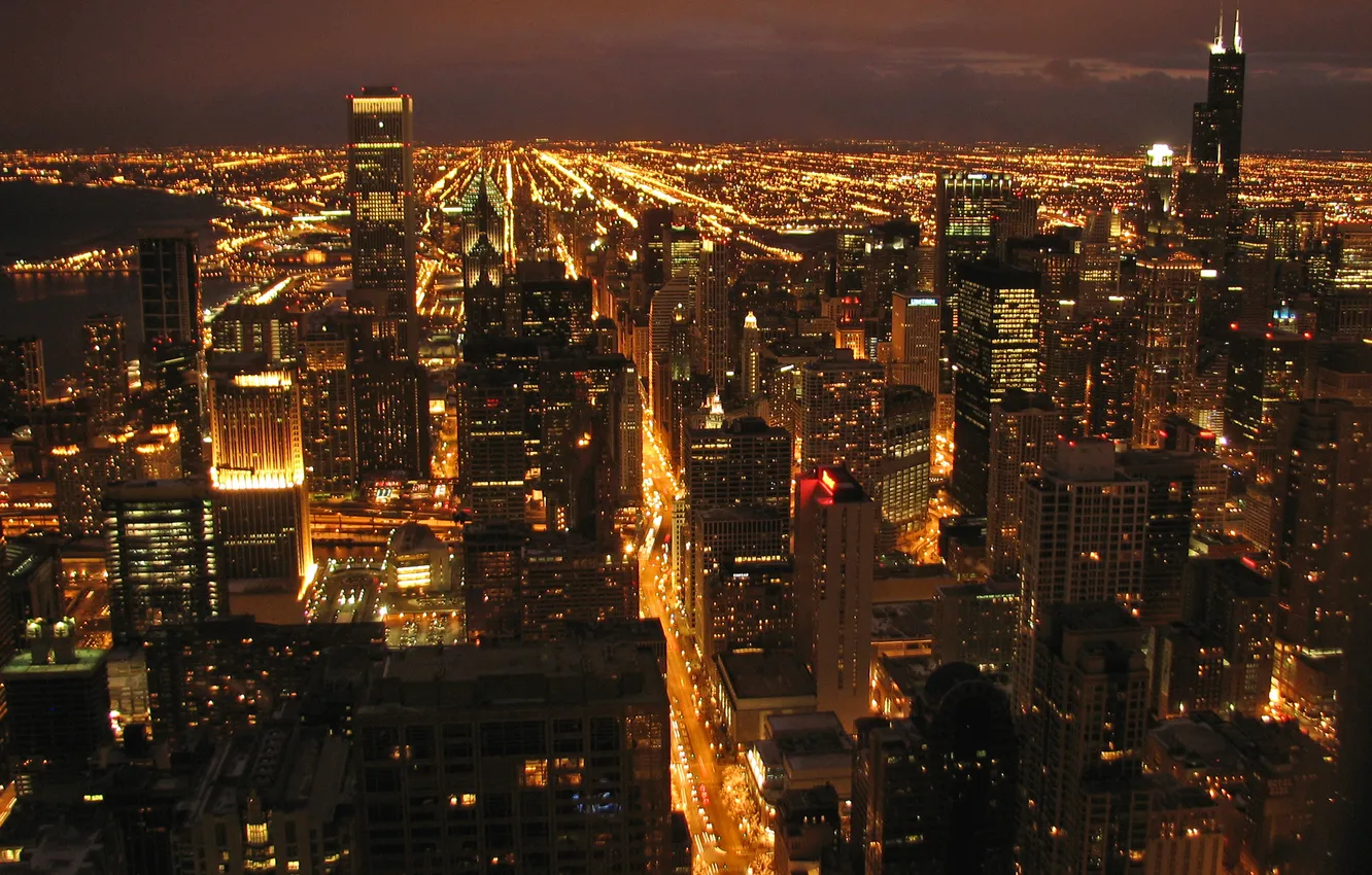 Photo wallpaper night, lights, skyscrapers, Chicago, street, panorama
