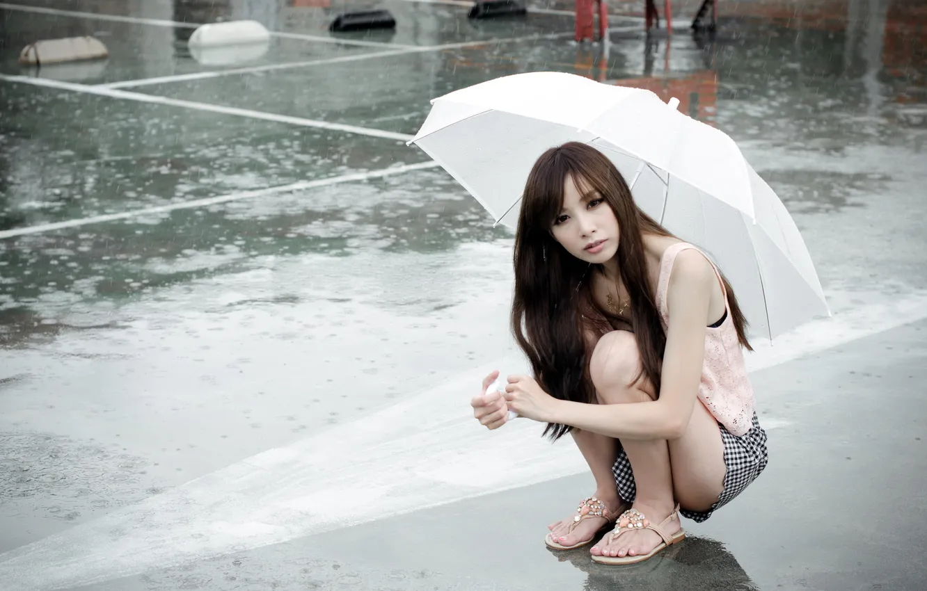 Photo wallpaper girl, rain, mood, street