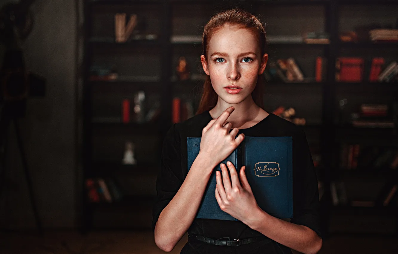 Photo wallpaper look, girl, hair, freckles, book, beautiful, redhead, Katya Voronina