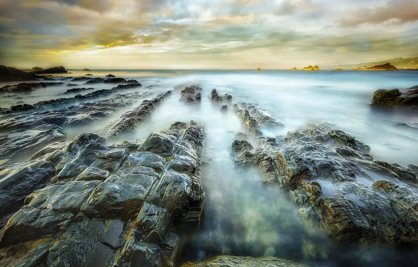 Photo wallpaper sea, the sky, clouds, stones, rocks