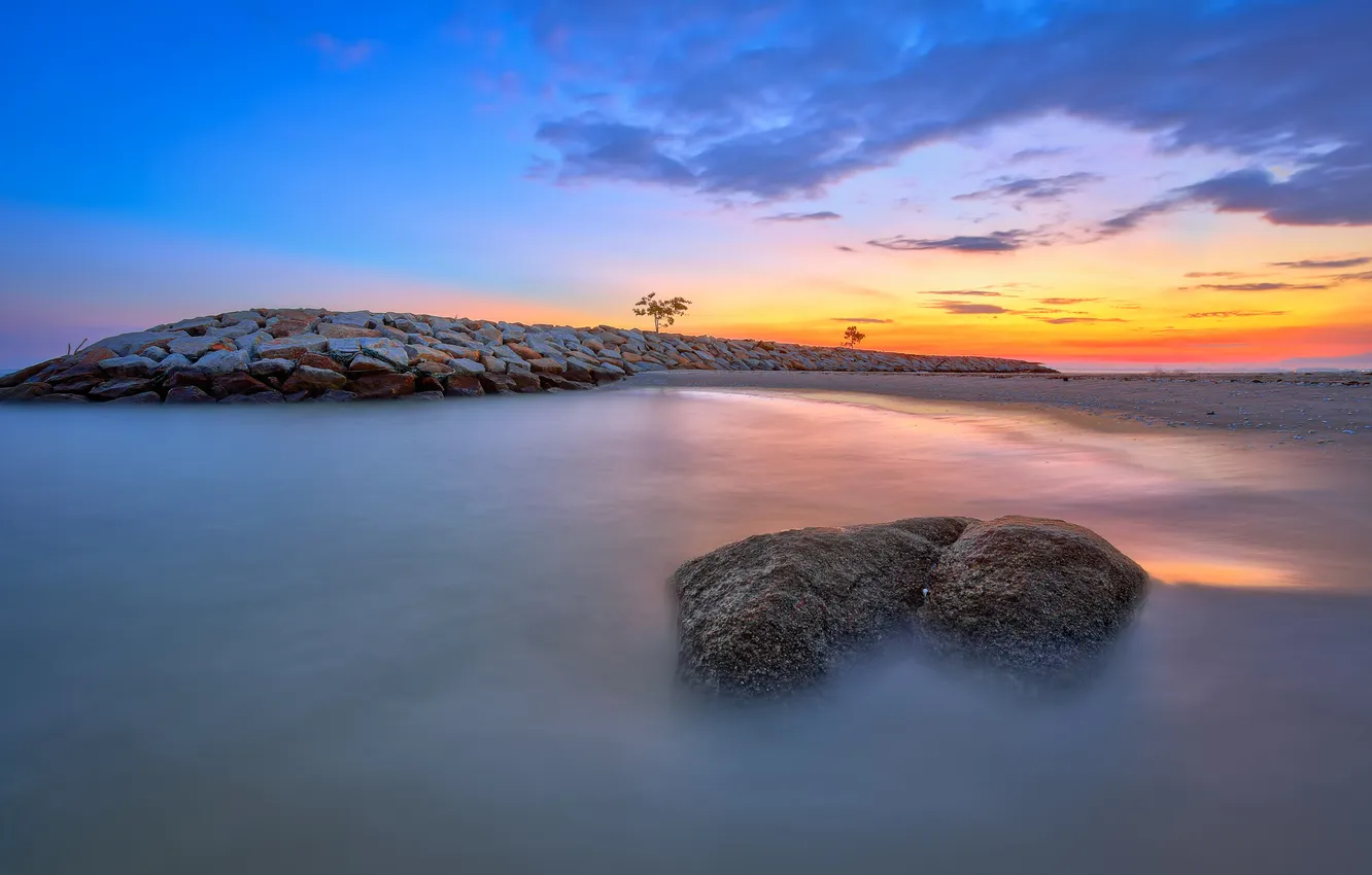 Photo wallpaper sea, the sky, sunset, stones, dam