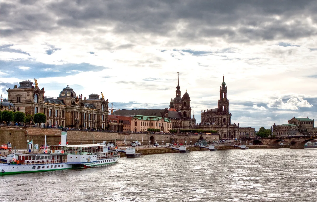 Photo wallpaper bridge, building, Germany, promenade, pleasure boat, Dresden, The Elbe River