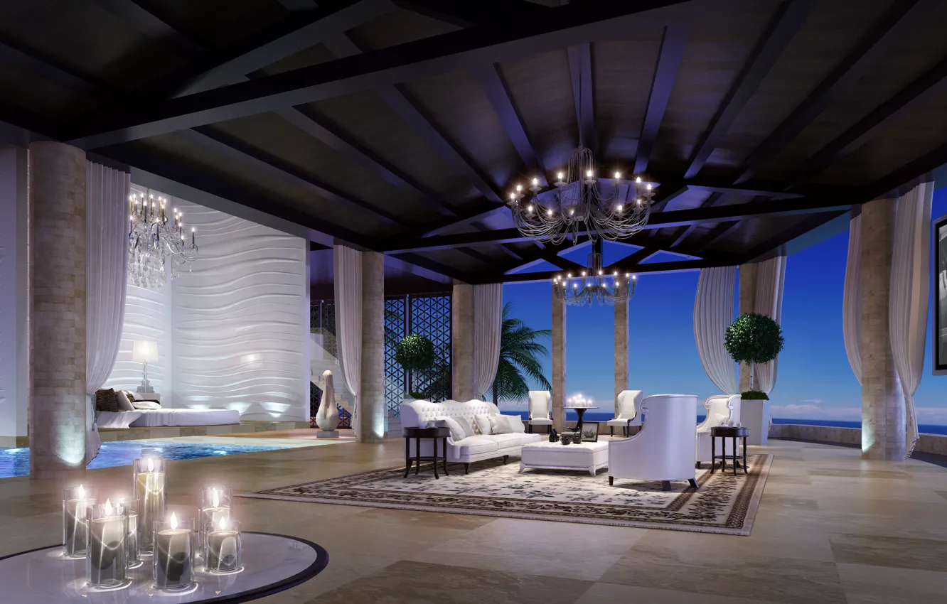 Photo wallpaper design, style, sofa, interior, chair, candles, chandelier, curtains