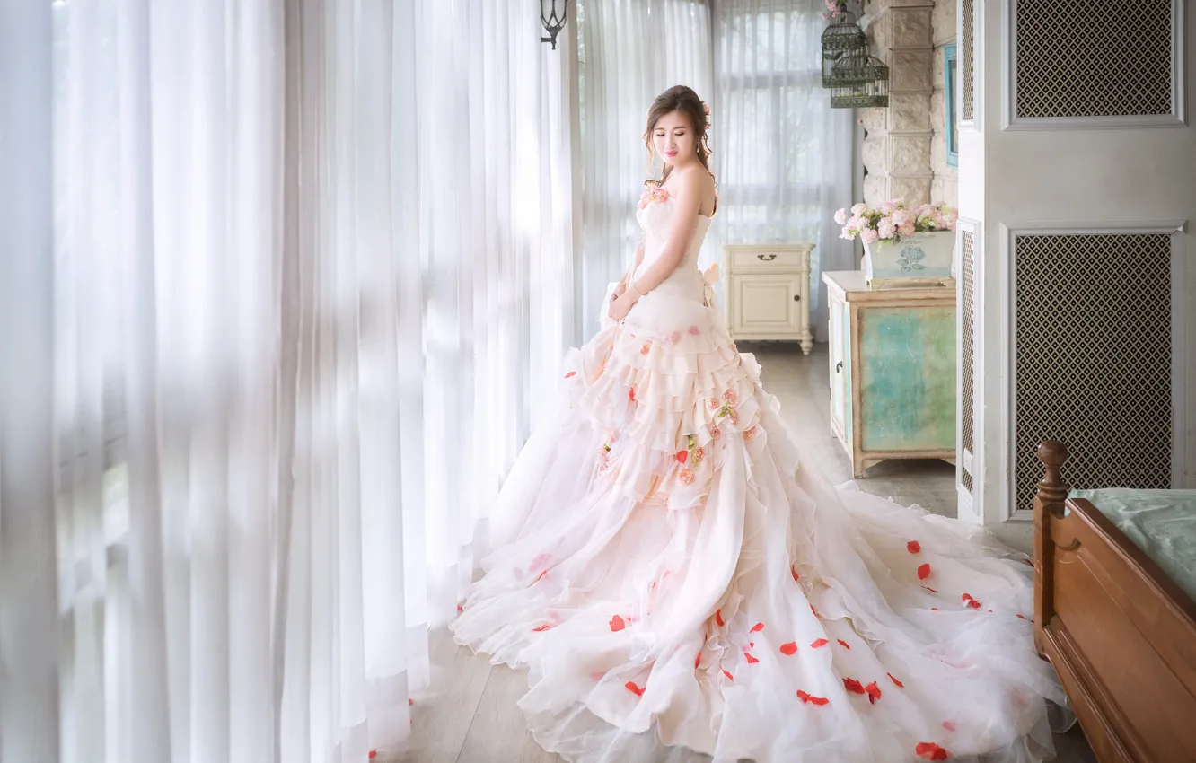 Photo wallpaper Girl, dress, Petals, the bride