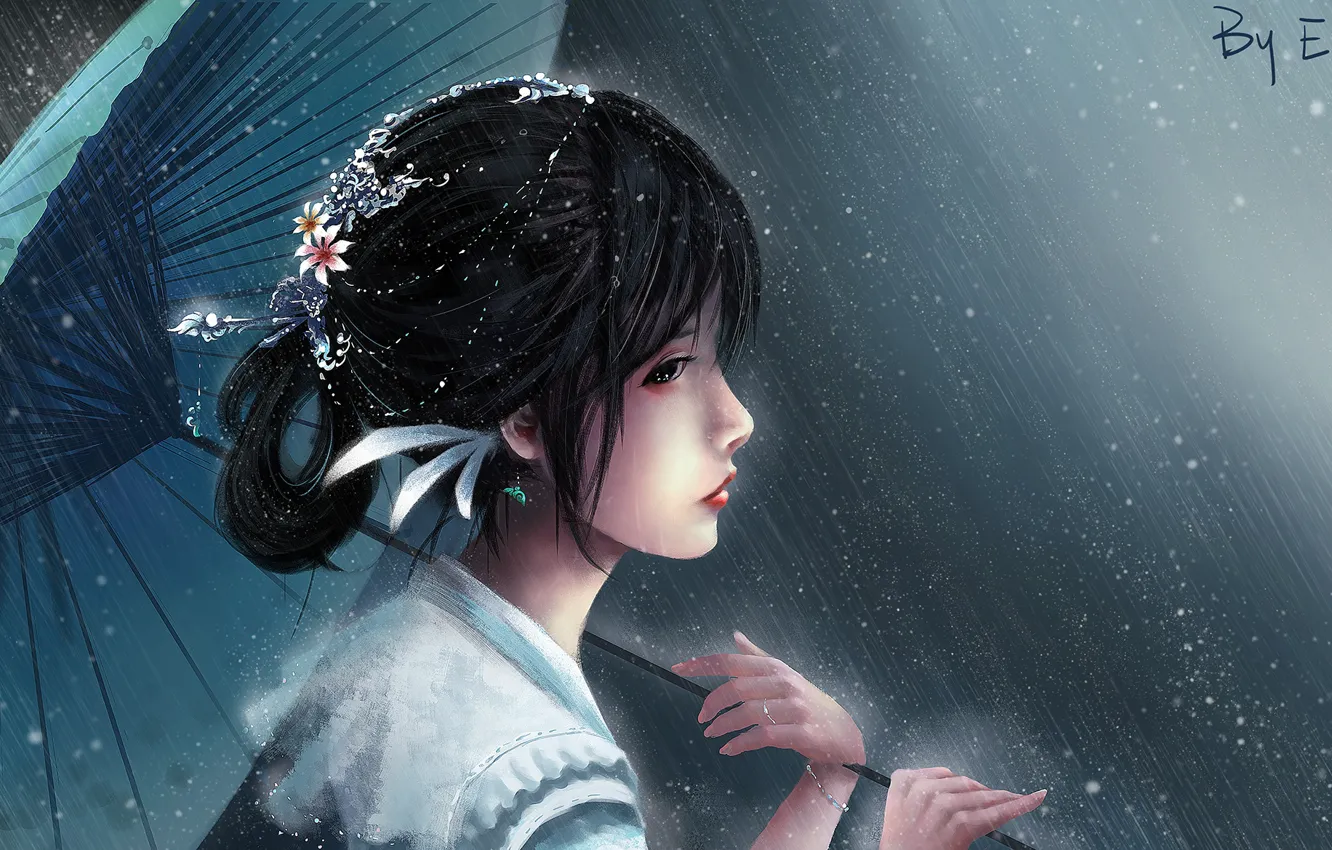 Photo wallpaper girl, rain, umbrella, Ebb and Flow