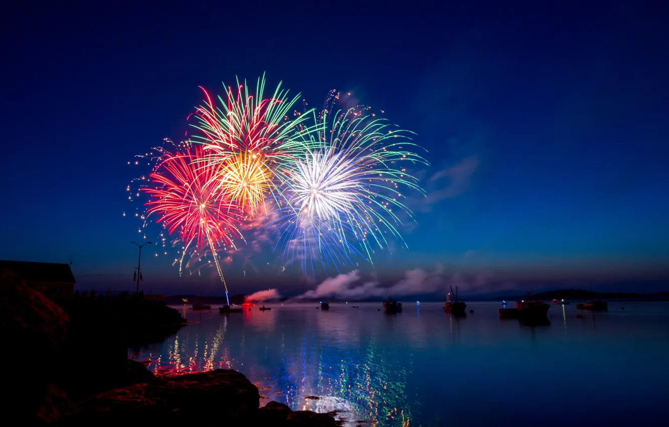 Photo wallpaper sky, sea, ocean, water, happy new year, fireworks, boat, Ray Hennessy