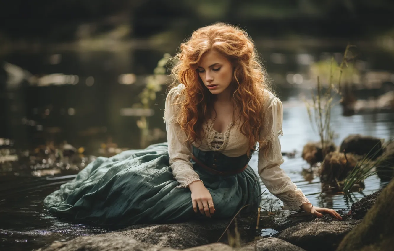 Photo wallpaper girl, nature, pose, stones, shore, dress, sitting, redhead
