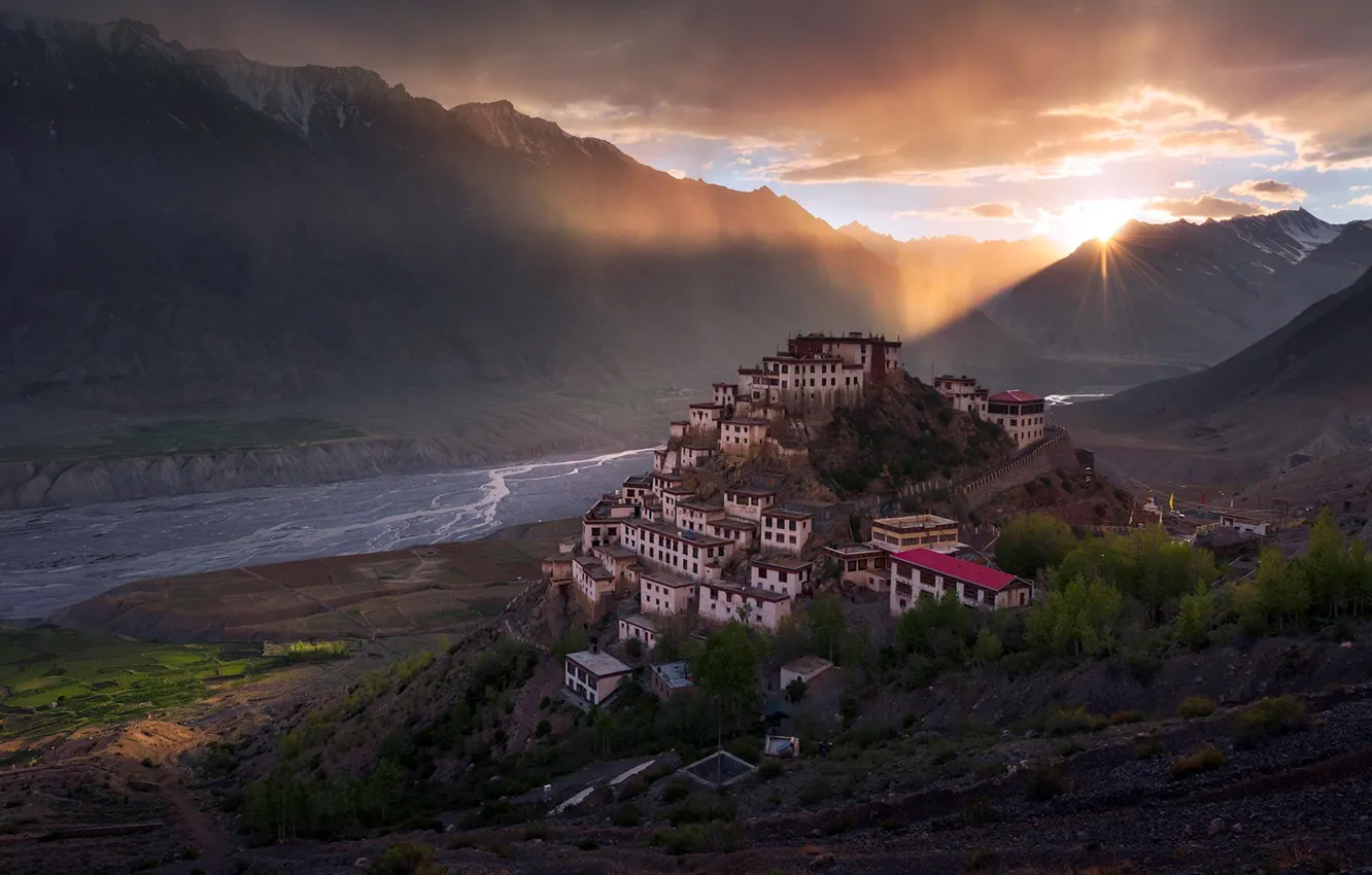 Photo wallpaper river, hills, home, India, Himachal Pradesh, the Kai monastery gompa