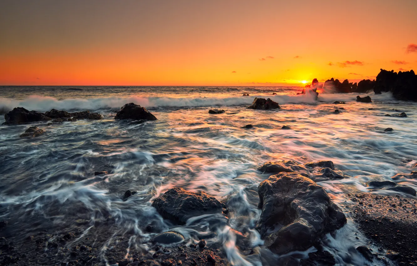 Photo wallpaper sea, wave, beach, foam, the sun, sunset, stones, rocks