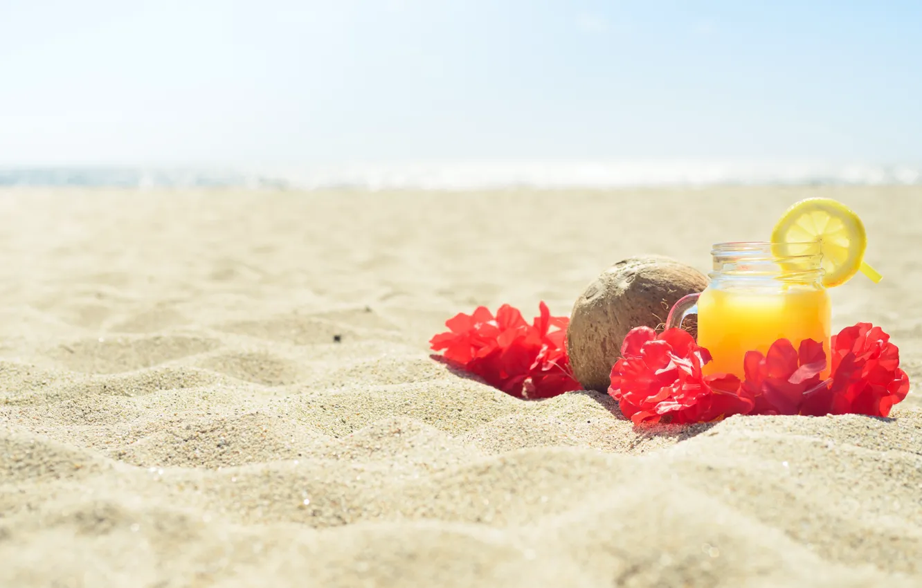 Photo wallpaper sand, sea, beach, summer, flowers, coconut, juice, juice