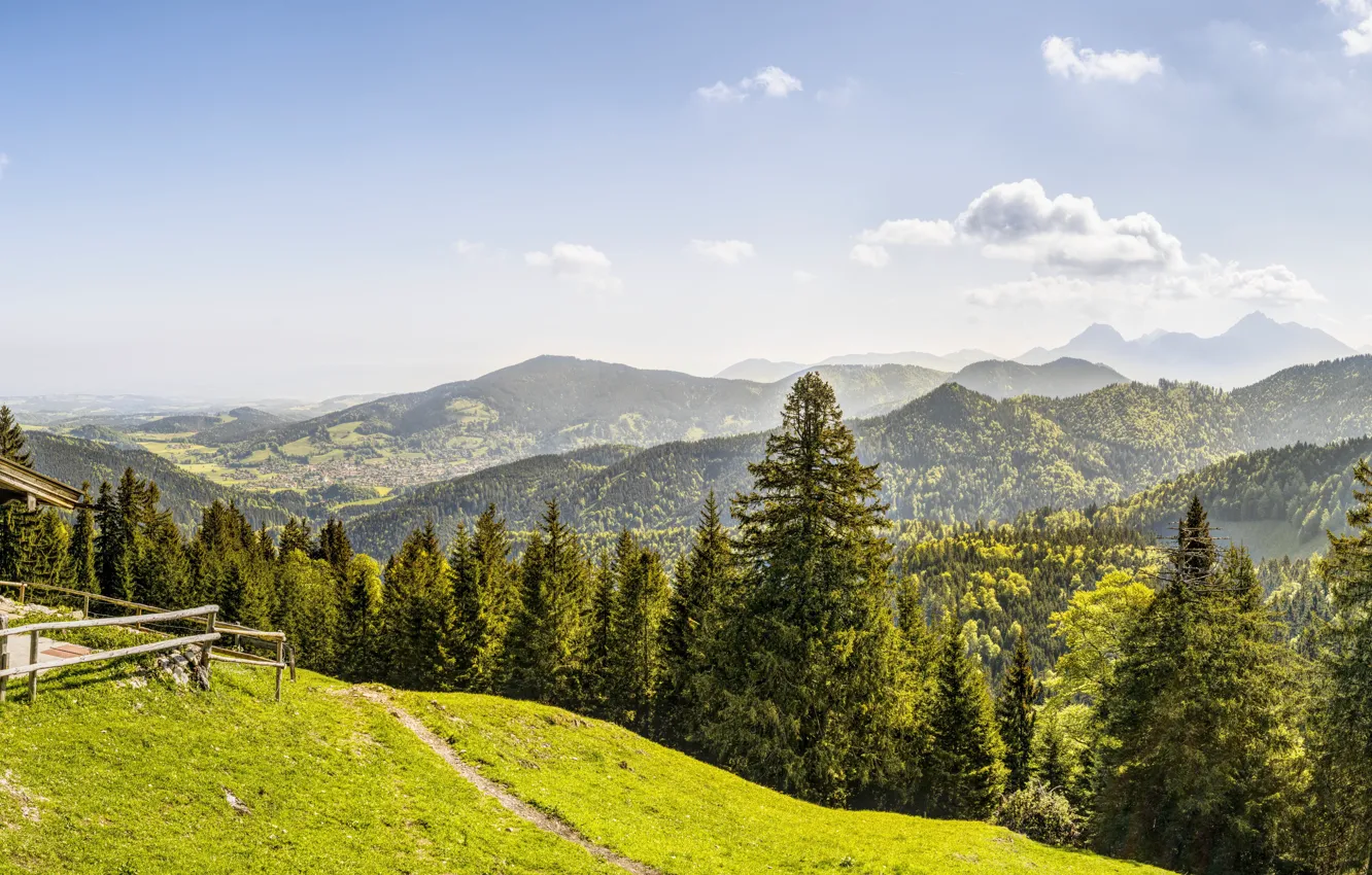 Photo wallpaper forest, mountains, nature, tree, hut, home, house, forest