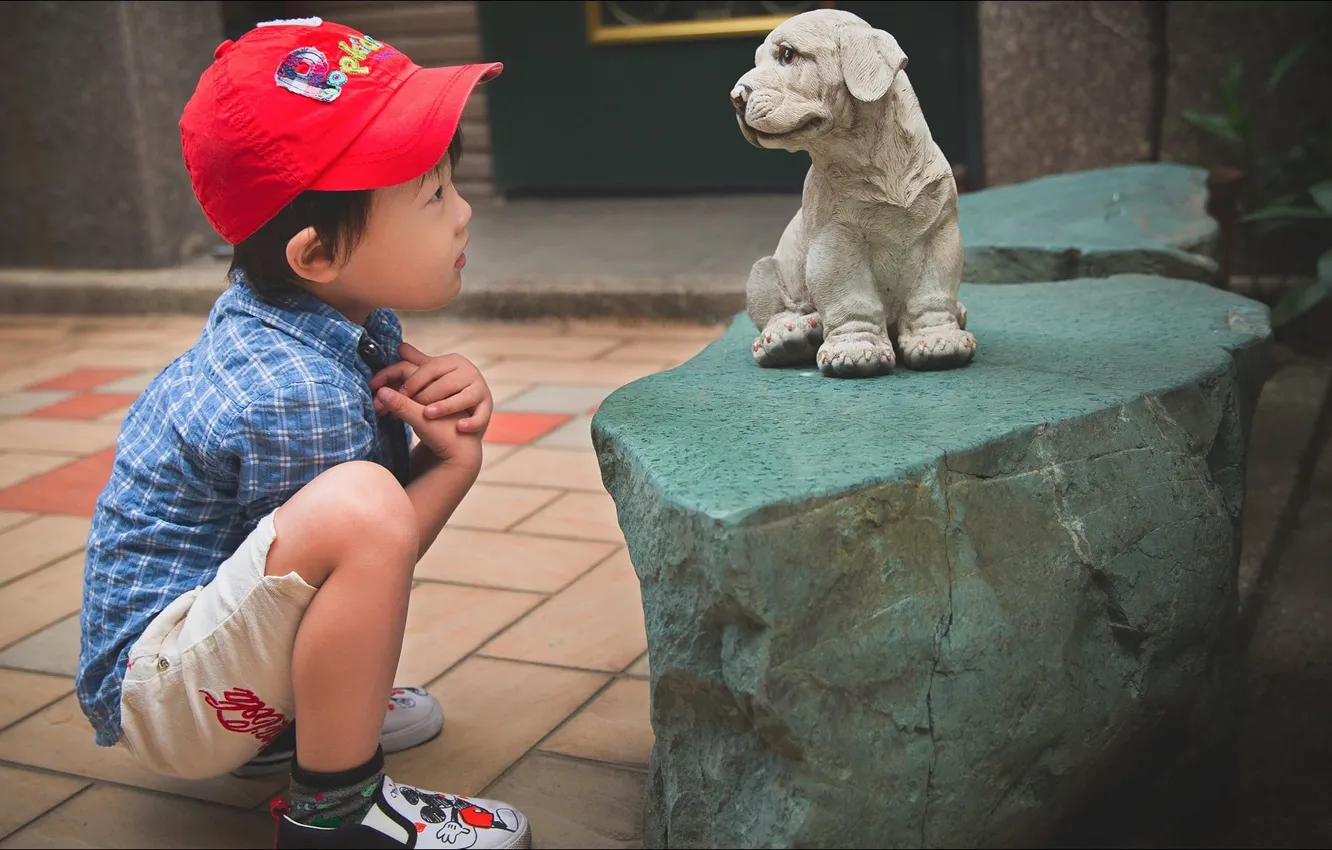 Photo wallpaper emotions, surprise, dog, boy, dog, boy, situations, emotions