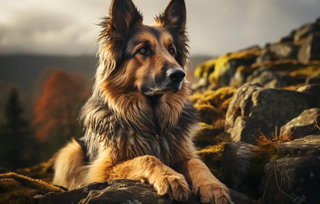 Photo wallpaper Dog, Look, Stones, Shepherd, Face, Digital art, German shepherd, AI art