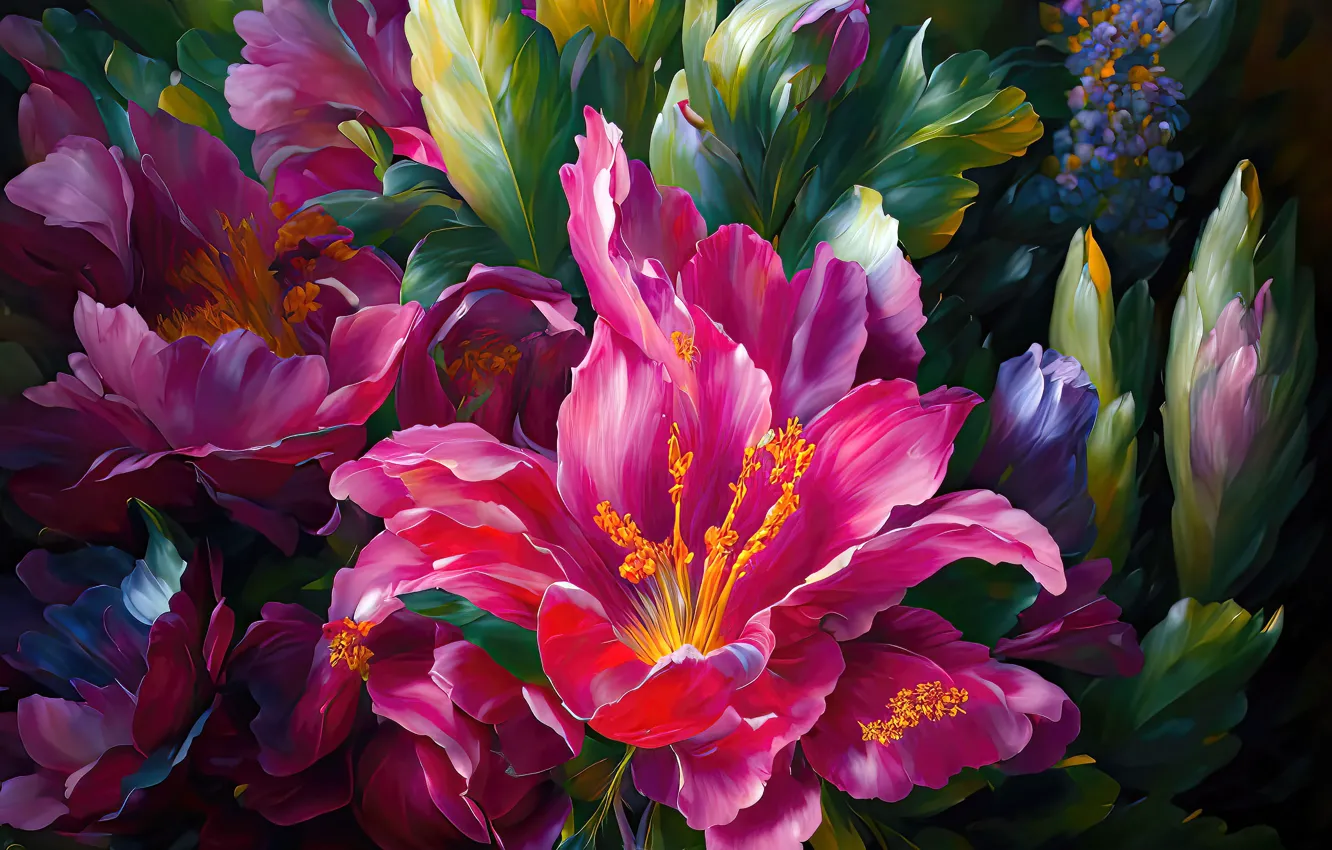 Photo wallpaper leaves, flowers, graphics, Lily, bouquet, garden, art, pink